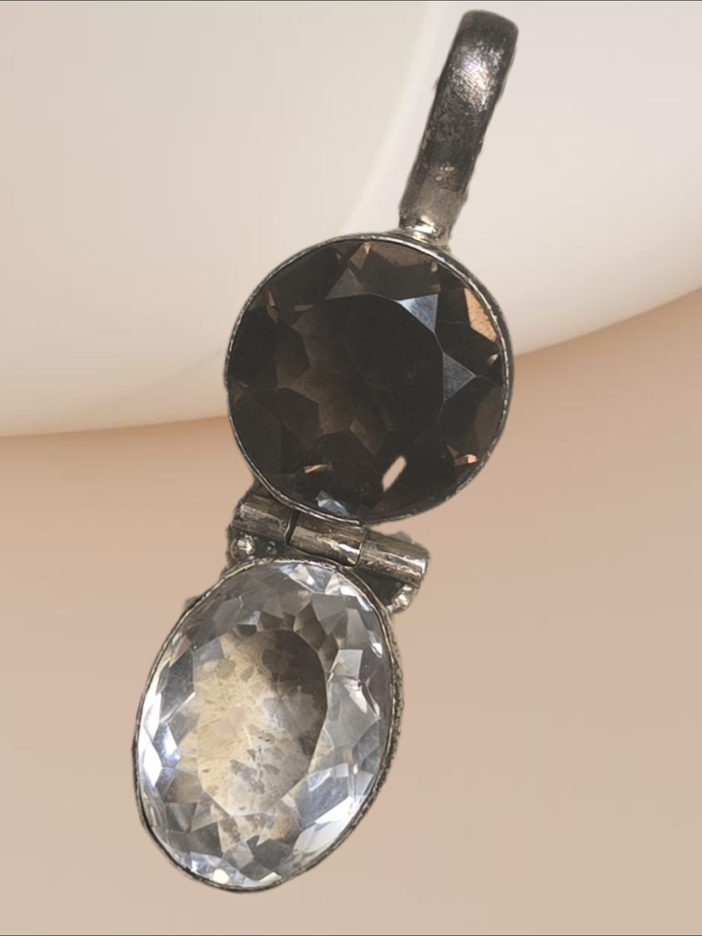 Attractive Double-Stone Clear and Smokey Quartz Gemstone Pendant in 925 Silver